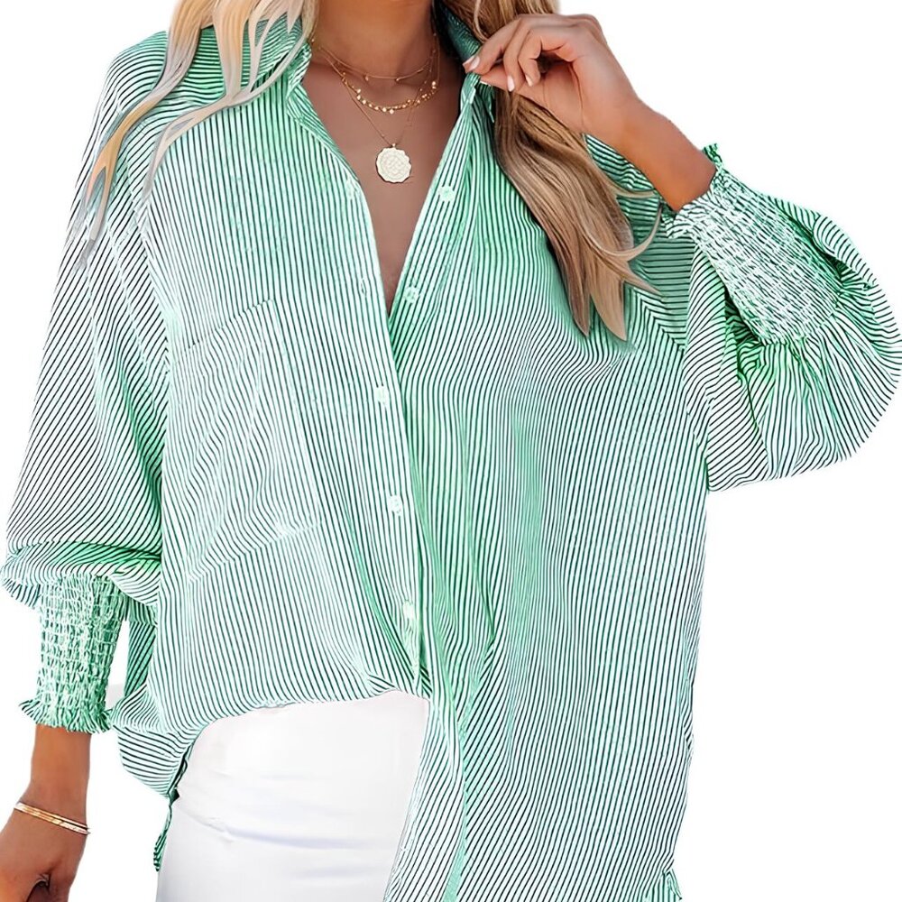 Women's S-2XL Green Button Down V Neck Casual Smocked Cuffed Stripe Shirt Long S